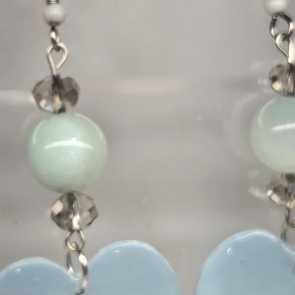 #B192- Handmade Heart-Shaped Earrings in Light Blue With Quartz Beads - Picture 3 of 5